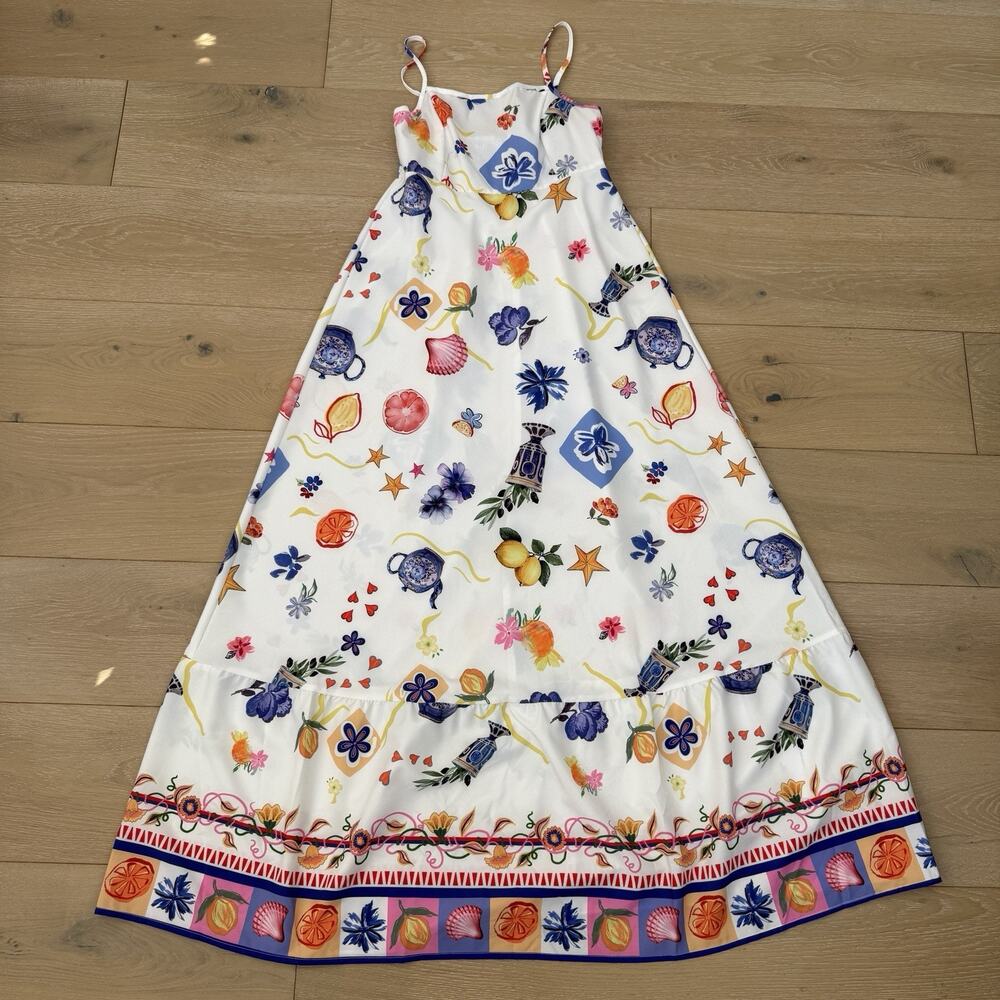 Boho Floral Citrus Seashell Maxi Dress Vacay Beach Sundress XS Teapot Festival
